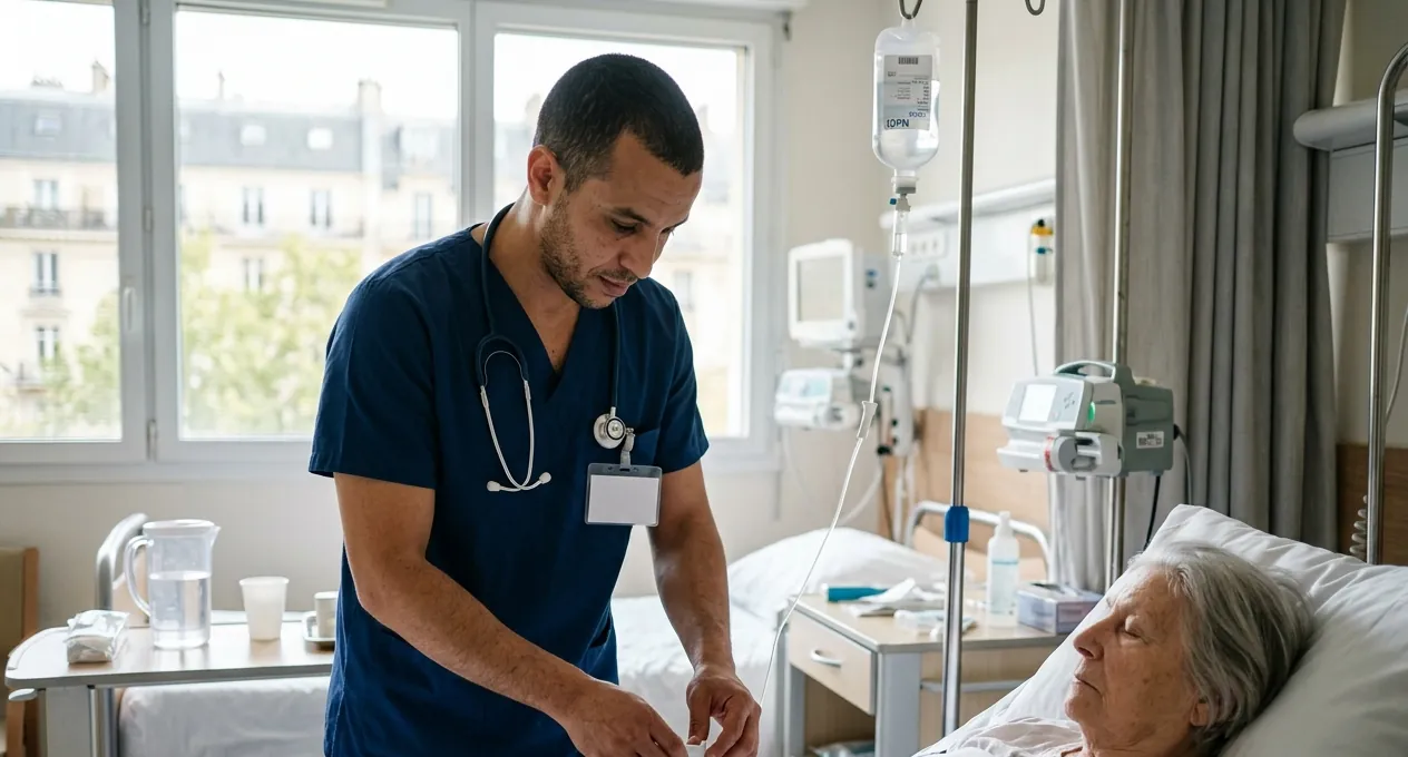 ممرّض تونسي بجانب مريض في مستشفى بفرنسا